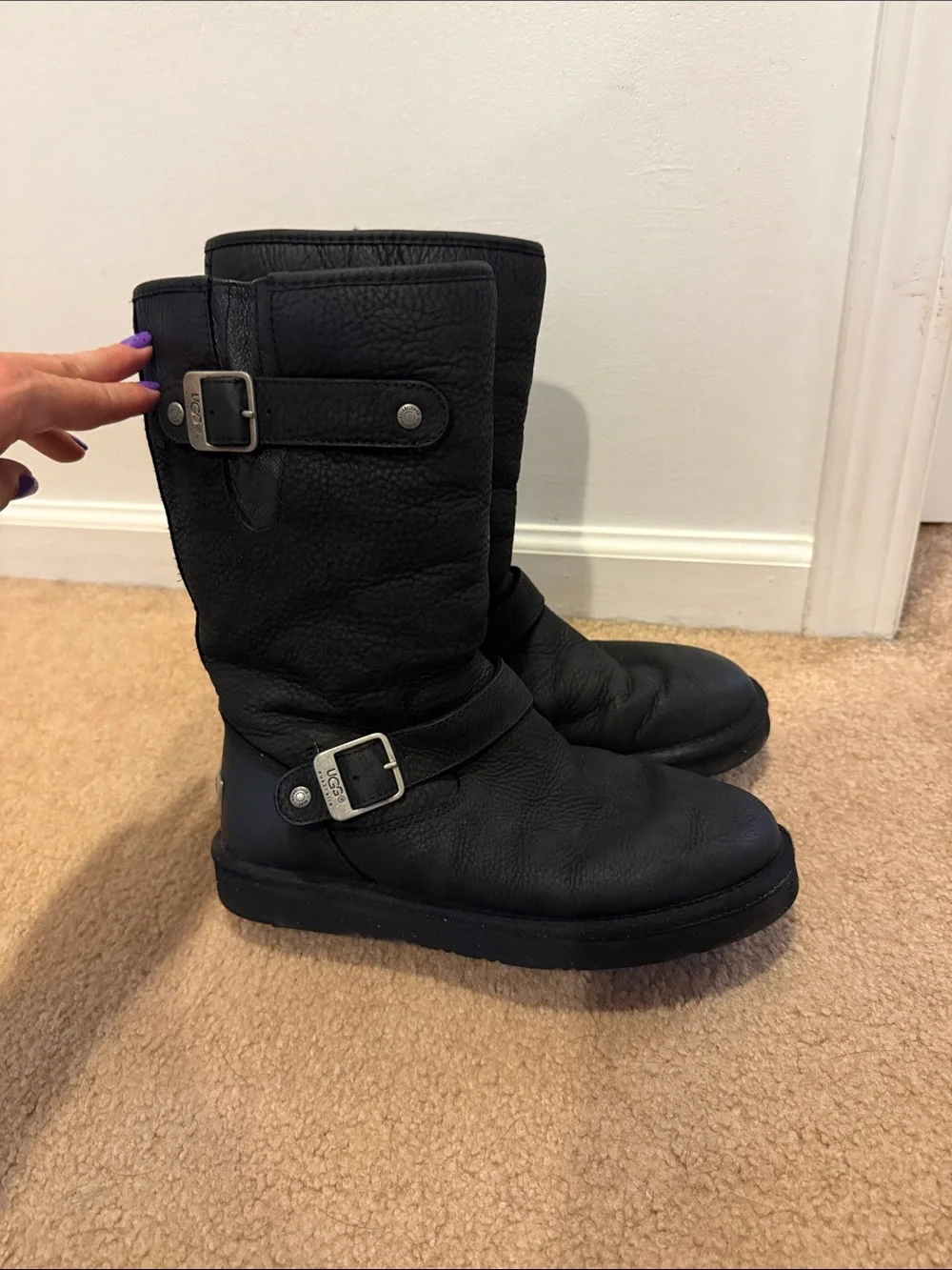 UGG Black Leather Mid-Calf Boots with Silver Buckles